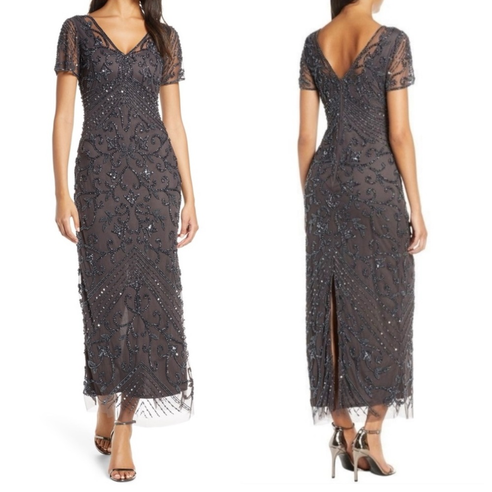 Pisarro Nights Beaded Mesh Column Gown in Slate Gray - Size 10